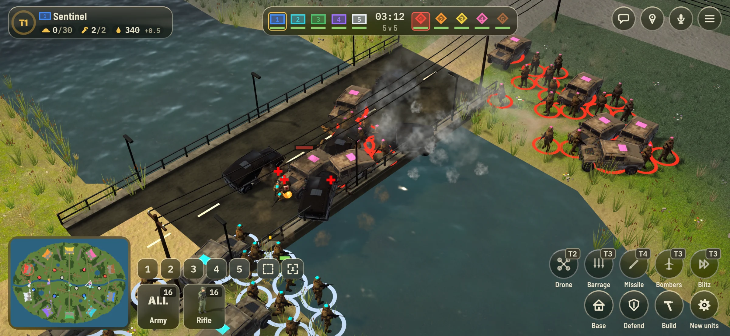 A battle at a bridge: your army, the minimap, support powers and orders around the battlefield